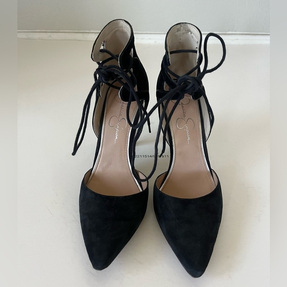 Jessica Simpson Cena Lace Up Black Suede Pointy Toe Heels Women's Size 8 - Picture 2 of 14